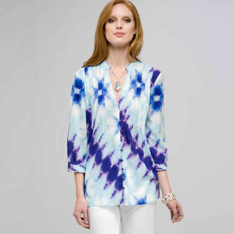 3/4 Sleeve Pleated Tunic, Tropical Blue Combo, large image number 0